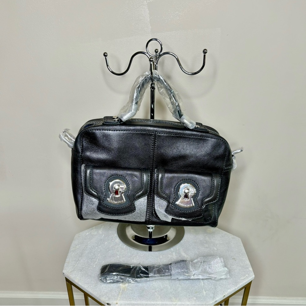 Firenze Black Italian Leather Handbag with Silver Accents & Crossbody Strap